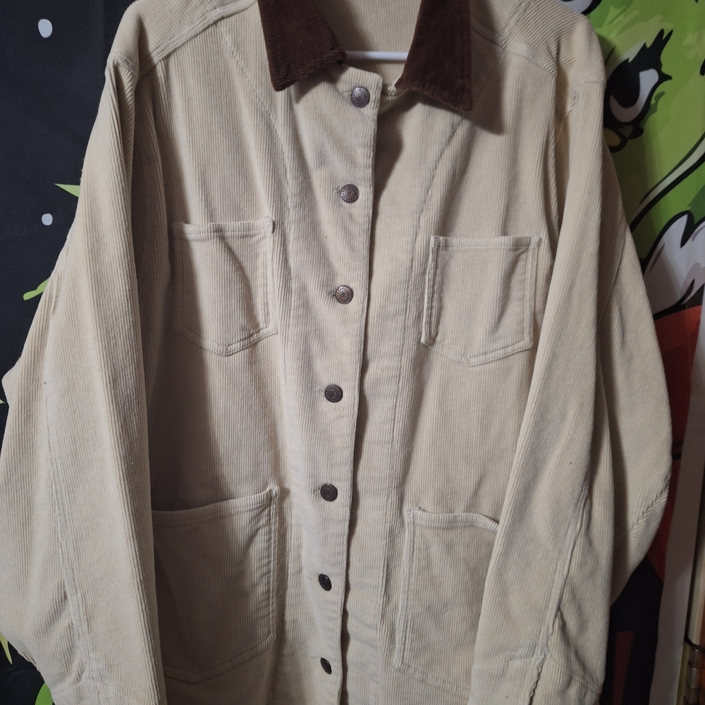 Bill Blass Stylish Beige Corduroy Jacket with Dark Brown Collar